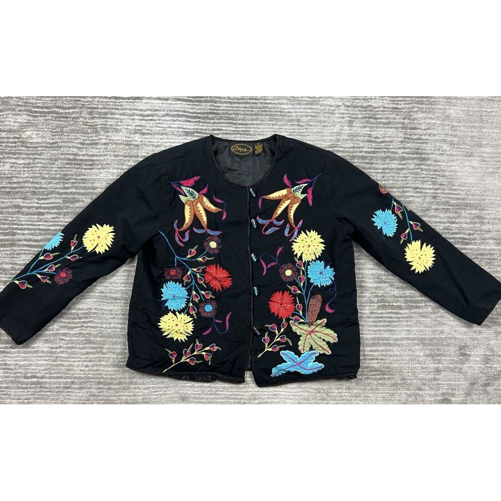 Alex Kim Jacket‎ Womens Large Black Floral Embroidered Cotton Art To Wear